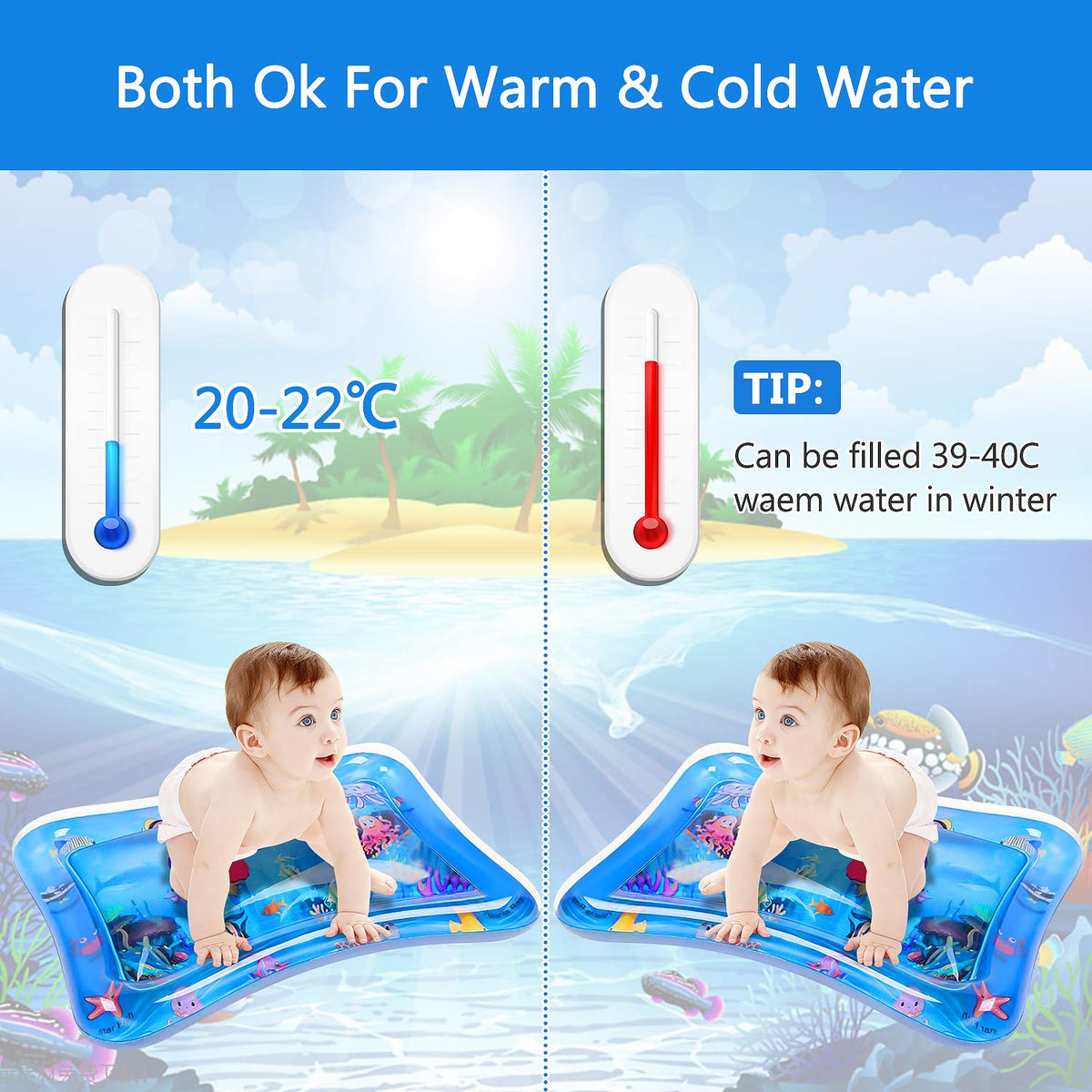 Baby Water Pad Water Play Mat for Infants Toddlers Early Development Activities Inflatable Tummy Time Water Mat for 3-48 Months Boy Girl Baby Toys Play mat for Baby's Stimulation Growth,26”x22”