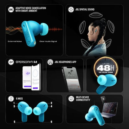 Ear Buds Wireless TWS Bluetooth v5.3 Earbuds with Adaptive NC, Smart Ambient, Extreme Bass & Relax Mode, Multi Connect, Personi-fi 3.0, Speed Charge, Fast Pair, 48 H Playtime, 6 Mics, IP54 (Turquoise Blue)⭐⭐⭐⭐⭐(4.9/5)